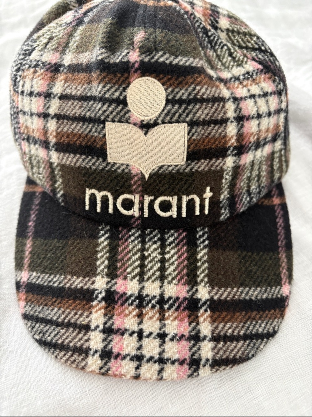 Isabel Marant Plaid Wool Logo Baseball Cap in Olive, Brown & Pink